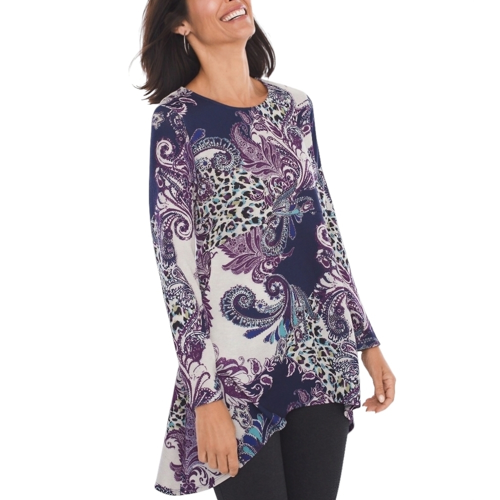 Chicos Womens Paisley Button-Back Tunic Size Large 2 Pockets High-Low Hem.